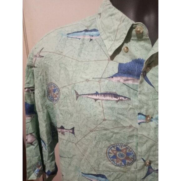 Columbia Mens Fish Graphic Print Green Button Down Short Sleeve Shirt Large L - Picture 5 of 12